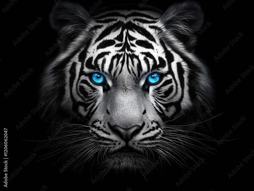 majestic white bengal tiger close-up portrait with intense blue eyes, detailed fur texture against dark background majestic white bengal tiger close-up portrait with intense blue eyes, detailed fur texture against dark background