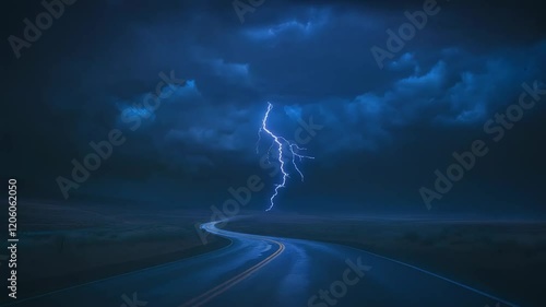 Mesmerizing lightning across a serpentine wet road under dark skies