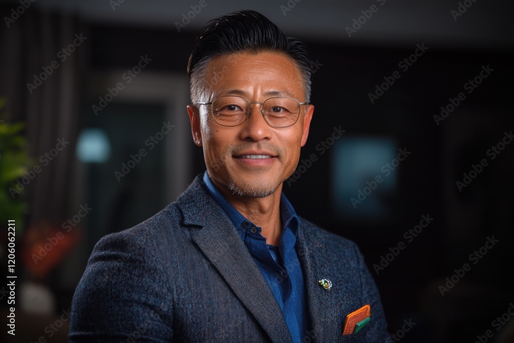 Obraz premium Smiling asian mature male in glasses and suit with orange pocket square indoors