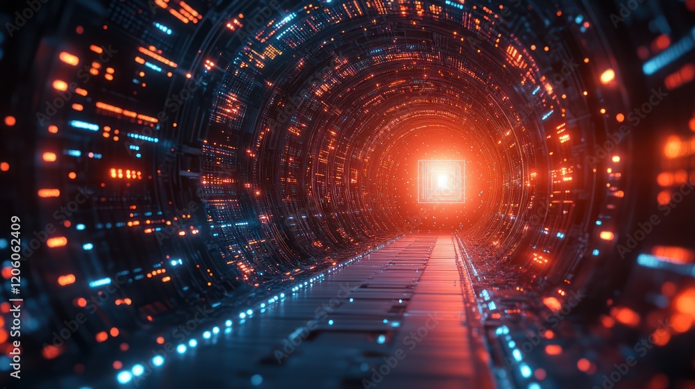 Fototapeta premium Digital Corridor: A Journey Through Neon Lights