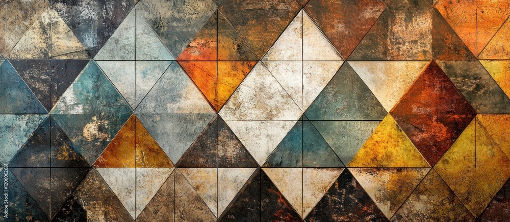 Intricate geometric tessellations create an abstract pattern with distressed texture and vibrant colors Intricate geometric tessellations create an abstract pattern with distressed texture and vibrant colors