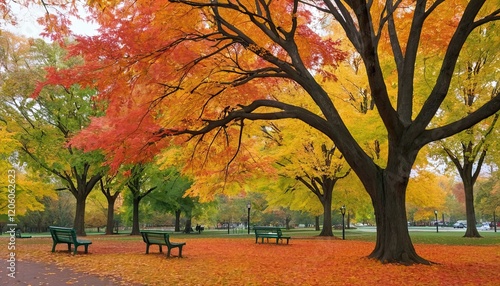  fA park view in the fall with vibrant, multicolored leaves swaying in a tree foliage, leaves, trees, parks, nature, vivid, and autumnuu photo