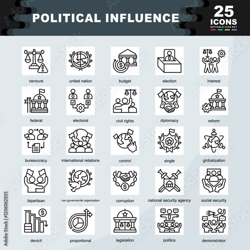 Political Influence icon set containing united nation, election, interest, federal, electoral, civil rights, diplomacy, bureaucracy, international relations, globalization, bipartisan icon. Simple lin