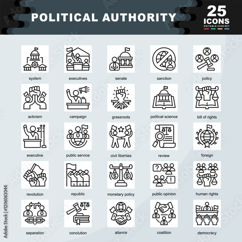 Political Authority icon set containing system, executives, senate, sanction, policy, activism, campaign, political science, civil liberties, monetary policy icon. Simple line vector