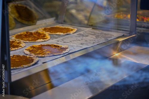 Partially prepared flatbreads in a display case, topped with reddish-brown sauce. photo