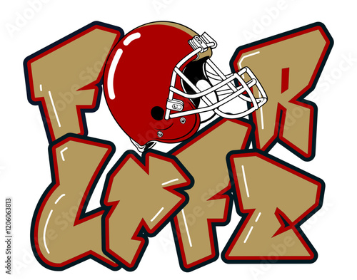 For life - Metallic gold and Red football player helmet, sport vector graphics, hockey, for street art - graffiti lettering typography - art illustration - multicolor - writen



