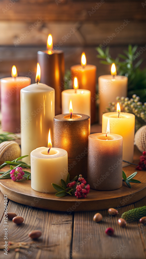 Rustic centerpiece with glowing candles and natural elements. Rustic centerpiece with glowing candles and natural elements.