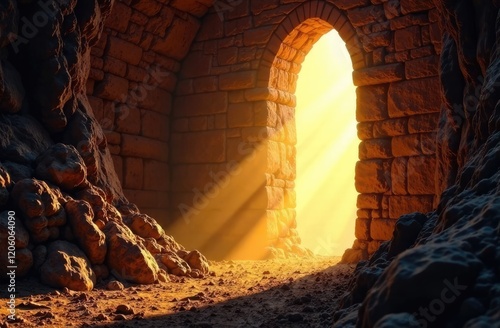 Empty tomb while light shines from the outside. Jesus Christ Resurrection. Christian Easter concept photo