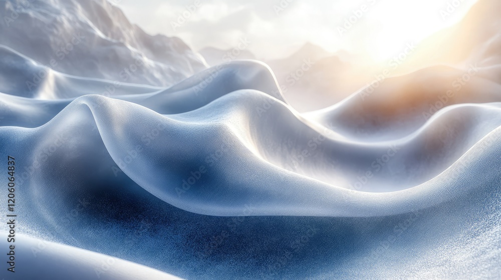 Obraz premium A serene landscape of smooth, undulating snow or ice, illuminated by soft sunlight.