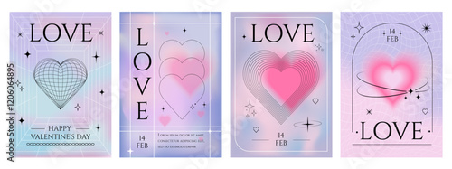 Valentine day background. Love, heart space gradient pink poster or y2k pattern, shape card. Modern trendy gift. Cute aesthetic minimal graphic. Text and line elements. Vector template