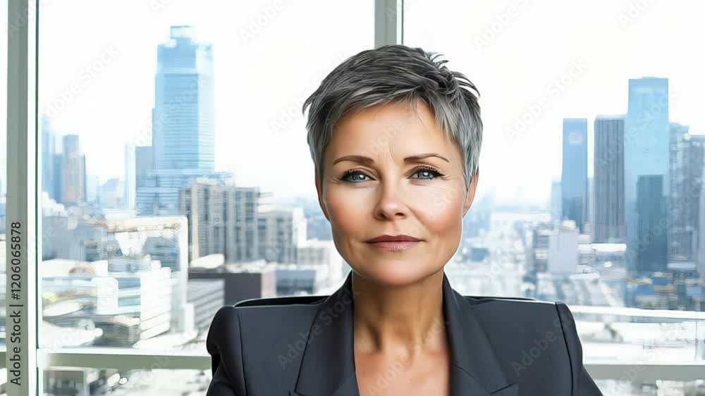 Confident businesswoman in modern office with city skyline view Confident businesswoman in modern office with city skyline view