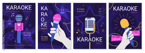 Karaoke poster. Musicians sing with microphones. Mic for song concert. Retro club. Mouth party flyer. Music art show. Nightclub entertainment. Audio mike. Vector invitation banners set