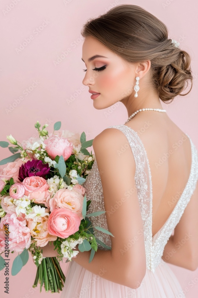 Naklejka premium Creating a romantic wedding mood board featuring soft pink hues, vibrant floral arrangements, and elegant bridal details in a charming setting