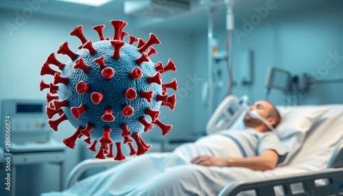 Human metapneumovirus molecular closeup in 3d rendering with hospital setting for healthcare visuals and respiratory disease awareness.  photo