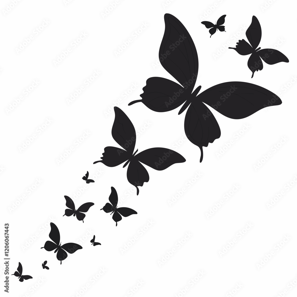 A group of black butterfly silhouettes flying upwards on a white background. A group of black butterfly silhouettes flying upwards on a white background.