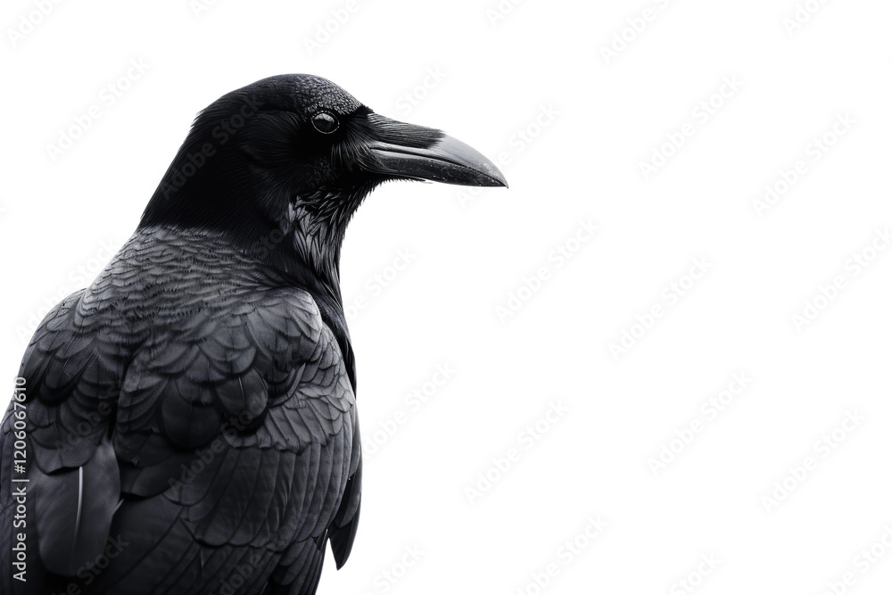 Fototapeta premium Majestic black crow staring intensely, isolated on white background.