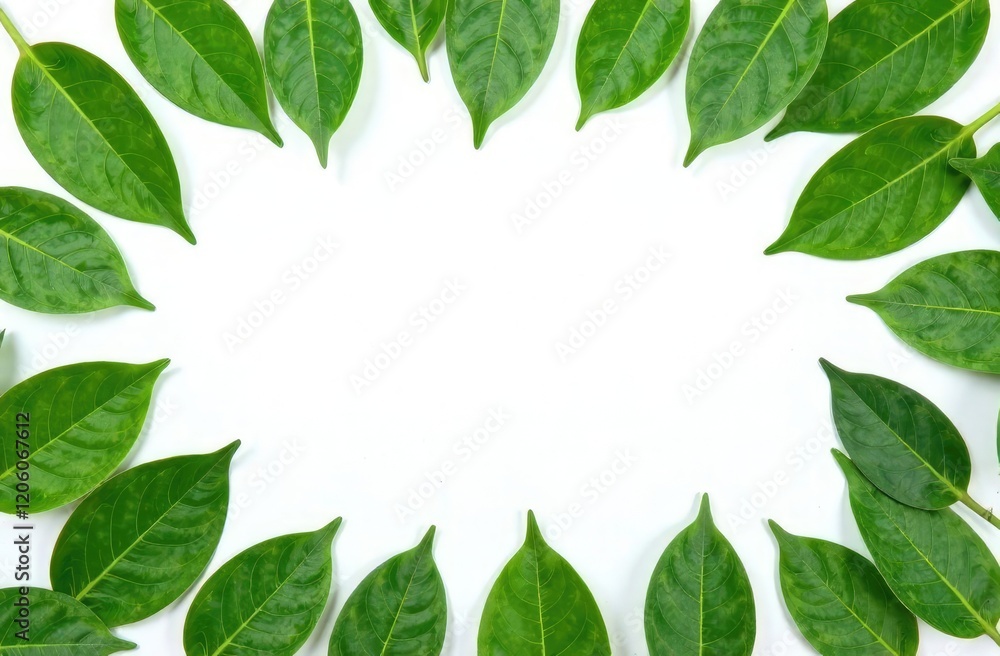 Green leaves as a frame on white paper background. Flat lay Green leaves as a frame on white paper background. Flat lay