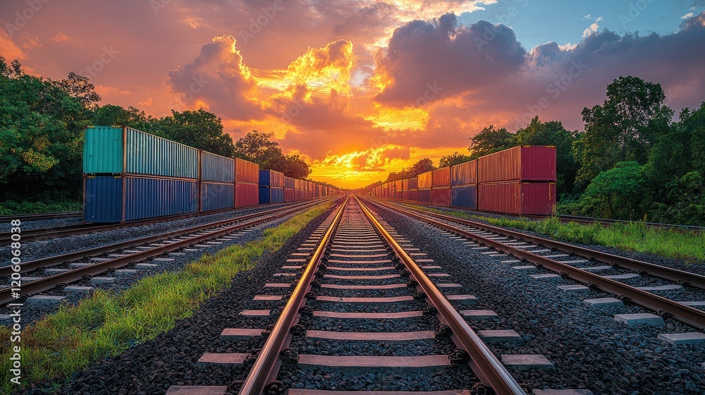 Obraz premium A serene railway scene with colorful shipping containers under a vibrant sunset sky.
