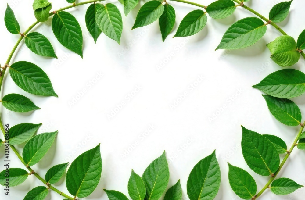 Green leaves as a frame on white paper background. Flat lay Green leaves as a frame on white paper background. Flat lay