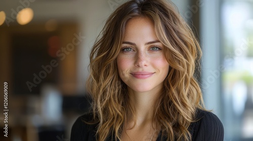 Wallpaper Mural Woman smiling, indoor portrait, blurred background, professional headshot Torontodigital.ca