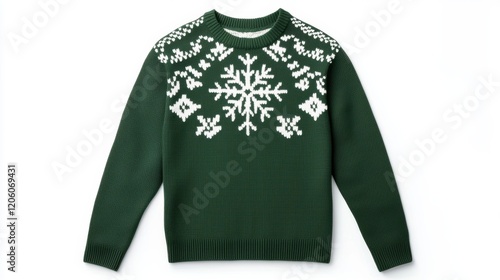 Cozy Green Sweater with Intricate White Snowflake Design for Winter Style photo