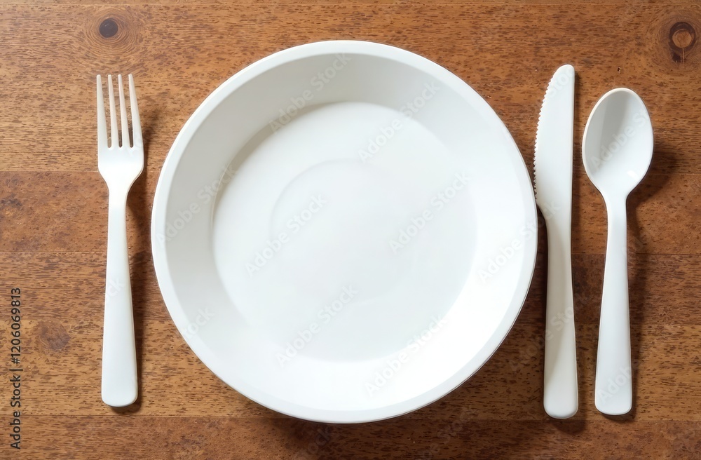 White plastic tableware on a wooden background White plastic tableware on a wooden background