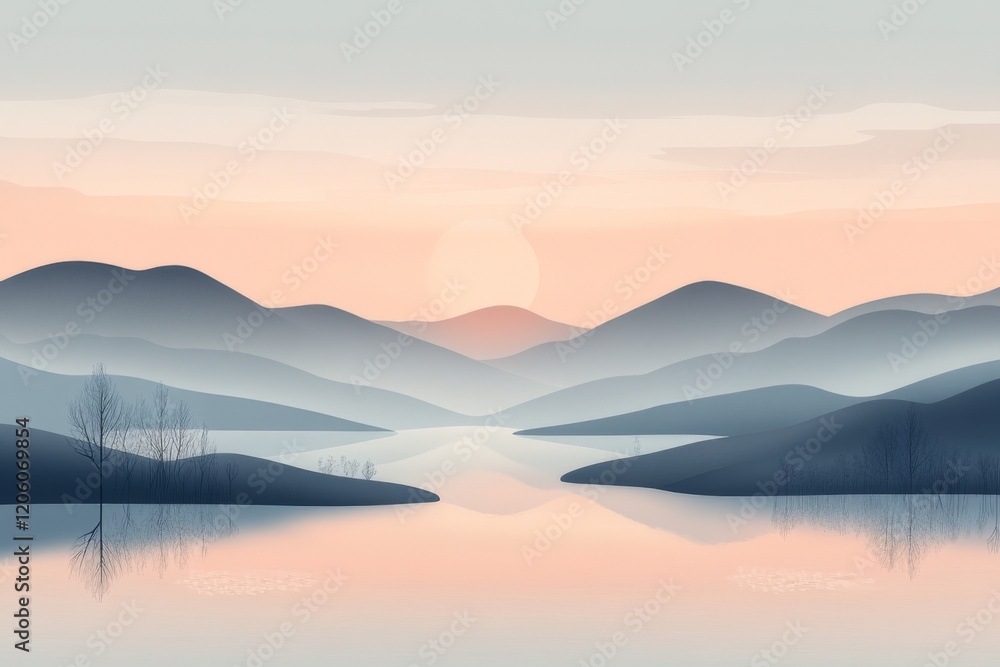 Fototapeta premium A calm river flows through the center with subtle reflections of the surrounding mountains