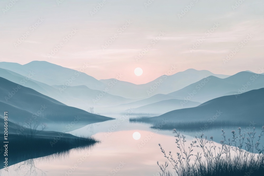 A calm river flows through the center with subtle reflections of the surrounding mountains A calm river flows through the center with subtle reflections of the surrounding mountains