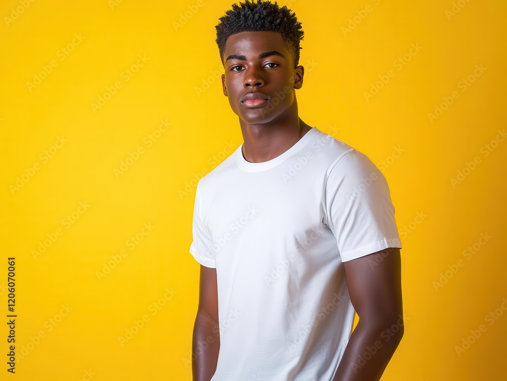 young male model in crisp white t-shirt against vibrant yellow backdrop, professional studio lighting highlighting fabric texture and fit young male model in crisp white t-shirt against vibrant yellow backdrop, professional studio lighting highlighting fabric texture and fit