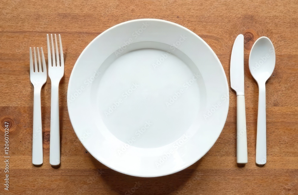 White plastic tableware on a wooden background White plastic tableware on a wooden background