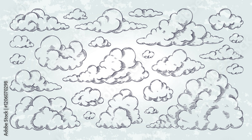 Vintage cloud. Sky sketch, hand draw black and white woodcut style isolated elements, retro line icon collection. Detailed fluffy engraving cloudscape, monochrome graphic vector pencil drawing