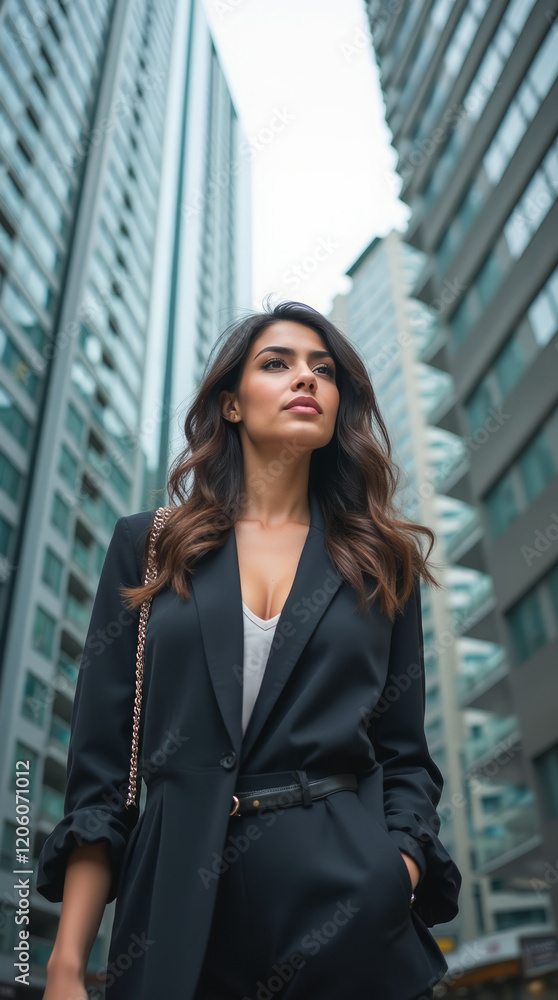 Successful Businesswoman in Downtown Tokyo – An extreme close-up of a Hispanic woman in contemporary chic attire, radiating professionalism and confidence. Successful Businesswoman in Downtown Tokyo – An extreme close-up of a Hispanic woman in contemporary chic attire, radiating professionalism and confidence.