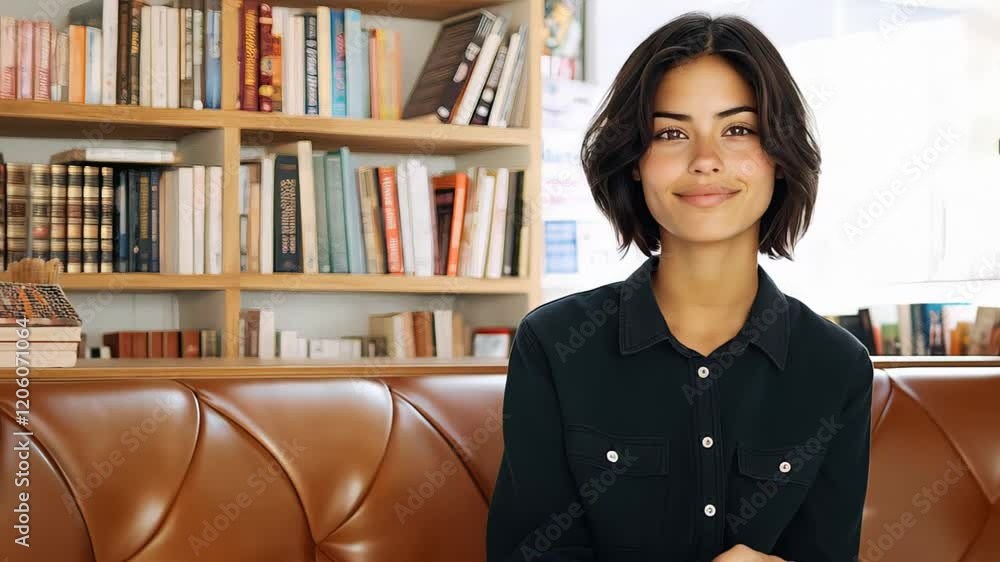 Woman smiling in cozy library setting while sitting on a brown leather couch, surrounded by books