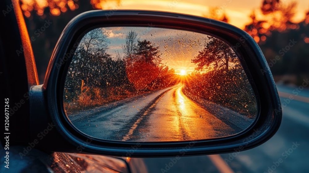Rearview Mirror Reflecting 2024 on Open Road with Warm Golden Sunset, Symbolizing Reflection and Forward Movement Rearview Mirror Reflecting 2024 on Open Road with Warm Golden Sunset, Symbolizing Reflection and Forward Movement