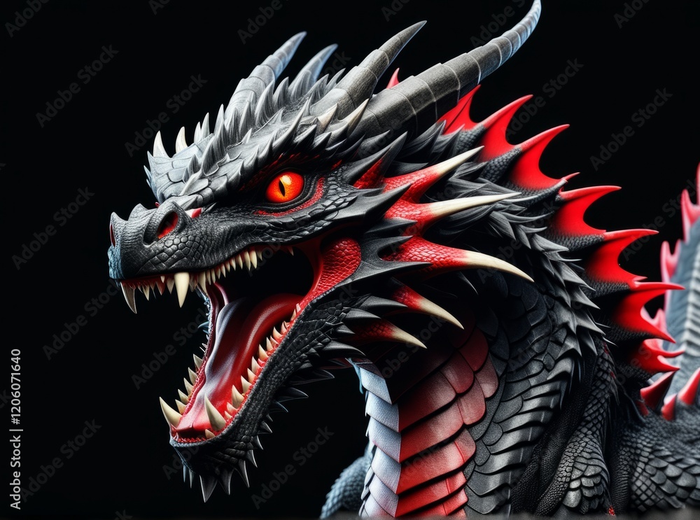 Majestic dragon with fiery features and intricate scales displayed in vivid detail against a dark background Majestic dragon with fiery features and intricate scales displayed in vivid detail against a dark background