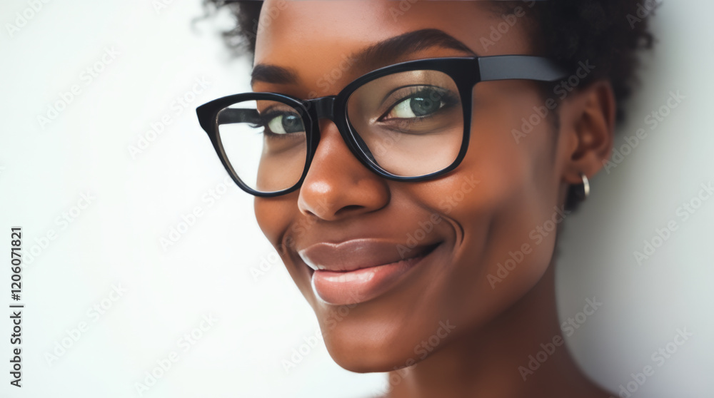Elegant African Woman with Eyeglasses – A medium-shot portrait of an African woman with silky, wrinkle-free skin, exuding timeless beauty and confidence. Elegant African Woman with Eyeglasses – A medium-shot portrait of an African woman with silky, wrinkle-free skin, exuding timeless beauty and confidence.