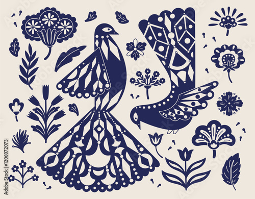 Folk Swedish ornaments. Scandinavian animal. Finnish culture. Flower and rustic Norwegian traditional pattern. Songbirds and blossoms. Graphic print. Folklore motif. Vector illustration