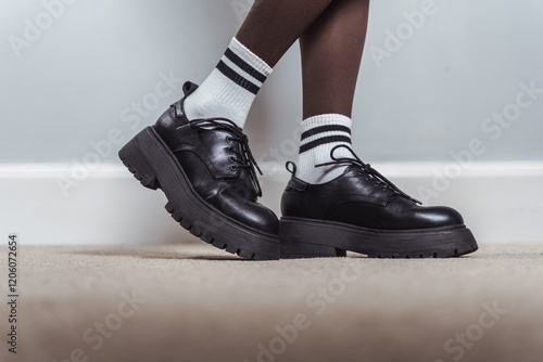 Legs of a young woman wearing loafer boots and funny socks  photo