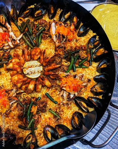 Traditional Spanish paella top view