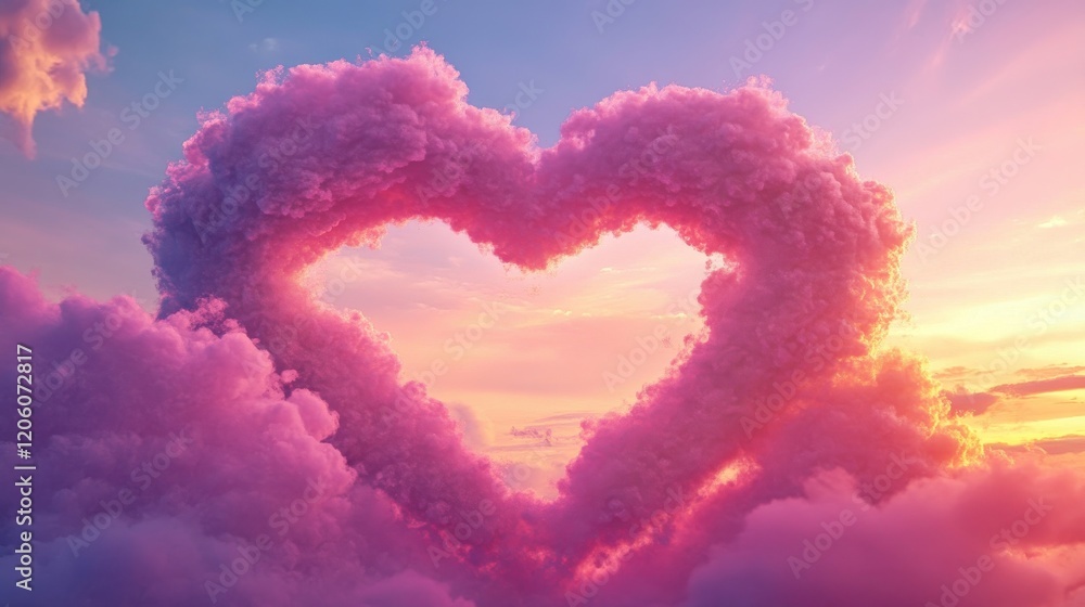 Naklejka premium Pink heart shaped clouds at sunset. Beautiful love background with copy space. Clouds in the shape of a heart. Heart shaped clouds. Gate to love. Cloud of love. Valentines background. Fluffy heart