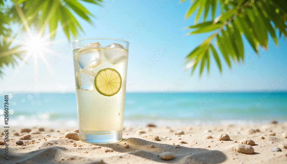 Refreshing drink with lemon slice on sandy beach Refreshing drink with lemon slice on sandy beach