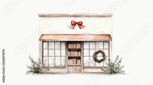 Charming Holiday Bookstore Front with Festive Decorations and Cozy Vibes