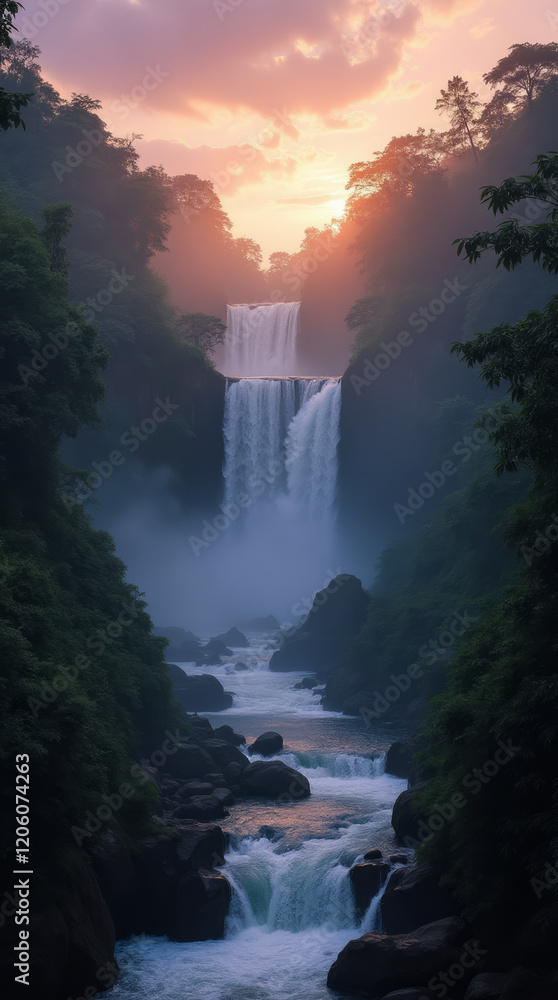 A Stunning Jungle Waterfall at the Final Moments of Dusk with the Sky Filled with Warm Hues of Pink, Orange, and Purple – Phone Wallpaper HD A Stunning Jungle Waterfall at the Final Moments of Dusk with the Sky Filled with Warm Hues of Pink, Orange, and Purple – Phone Wallpaper HD
