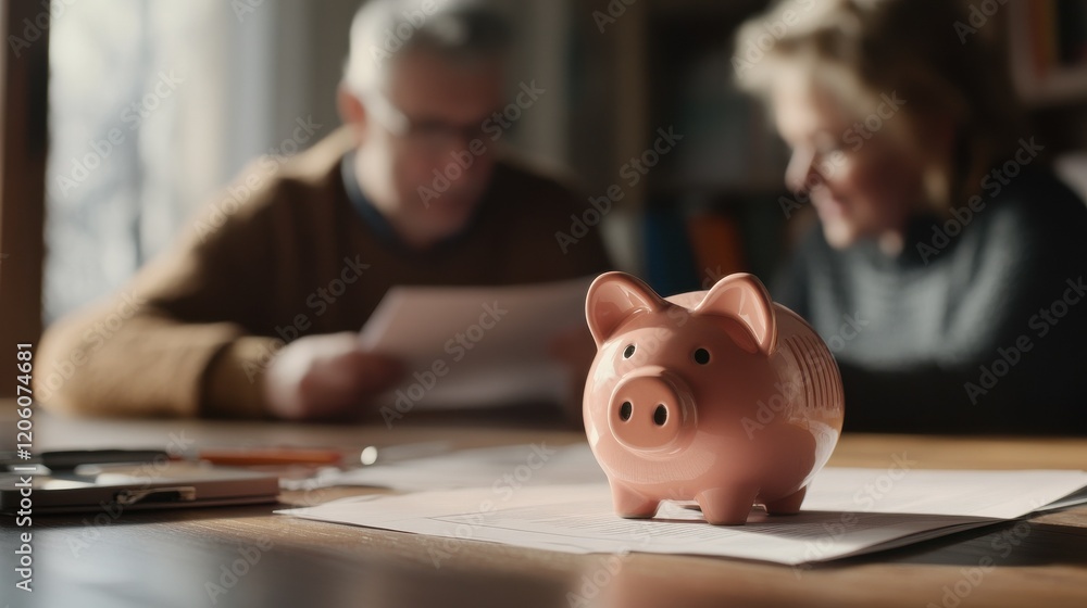 Close up focus on small piggybank on table with blurred middle aged old family couple doing financial paperwork, managing household budget or planning investment on background, Close up focus on small piggybank on table with blurred middle aged old family couple doing financial paperwork, managing household budget or planning investment on background,