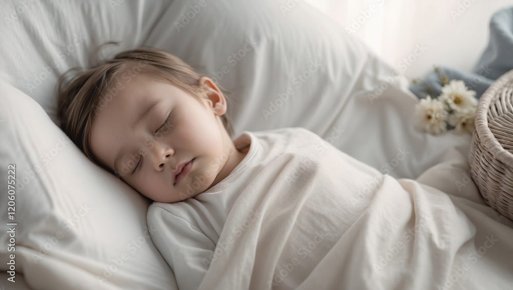 Sleepy child rests peacefully in a cozy bedroom surrounded by soft linens and gentle morning light Sleepy child rests peacefully in a cozy bedroom surrounded by soft linens and gentle morning light