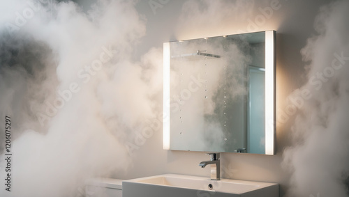 Mirror reflecting steam in a modern bathroom setting with soft lighting and a sleek design