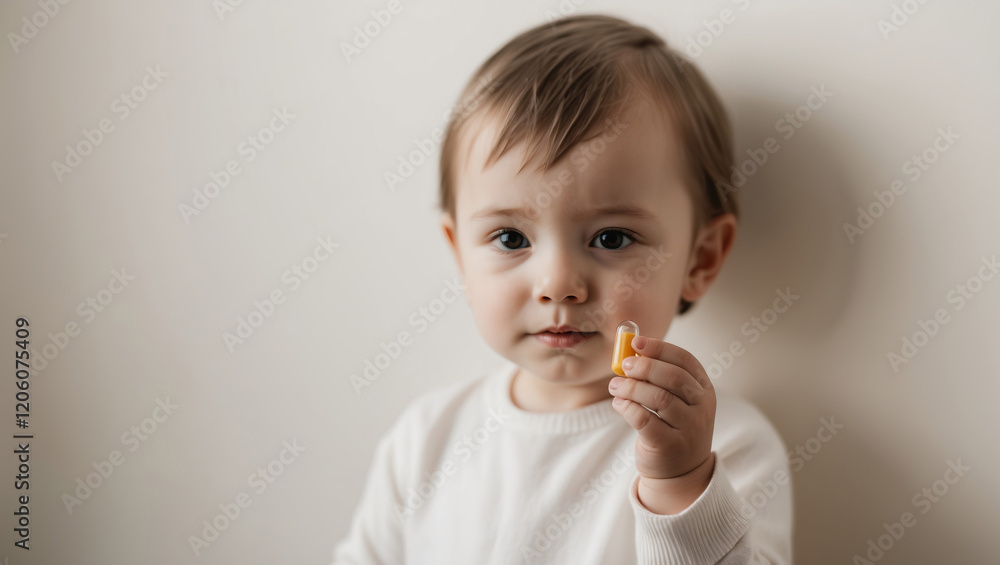 Child holding small object, looking curiously at the camera in a minimalistic indoor setting Child holding small object, looking curiously at the camera in a minimalistic indoor setting