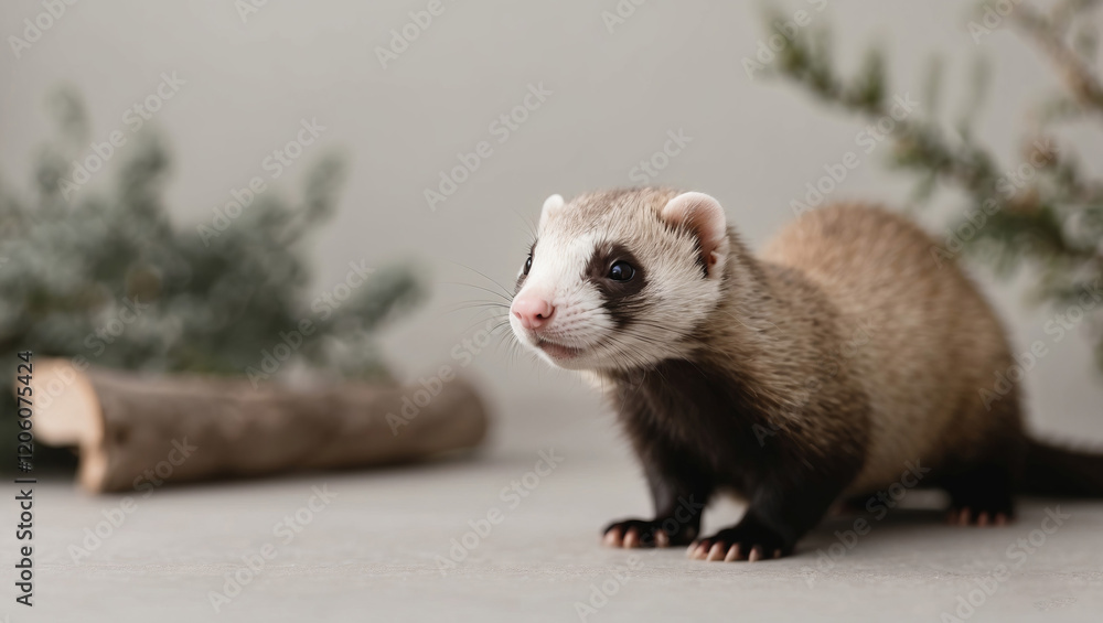 Ferret explores a cozy indoor space surrounded by natural elements during soft afternoon light