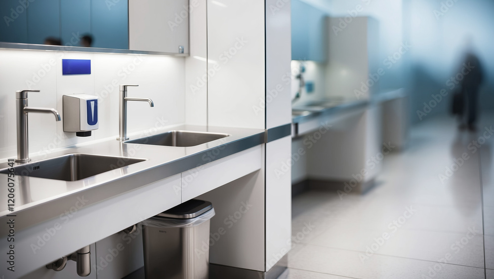 Clean restroom area with modern fixtures and minimalistic design in public space during daylight hours Clean restroom area with modern fixtures and minimalistic design in public space during daylight hours
