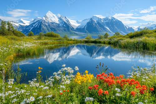 Mountain landscape with snow-capped peaks reflecting in a calm lake, surrounded by vibrant wildflowers and lush greenery under a clear blue sky.